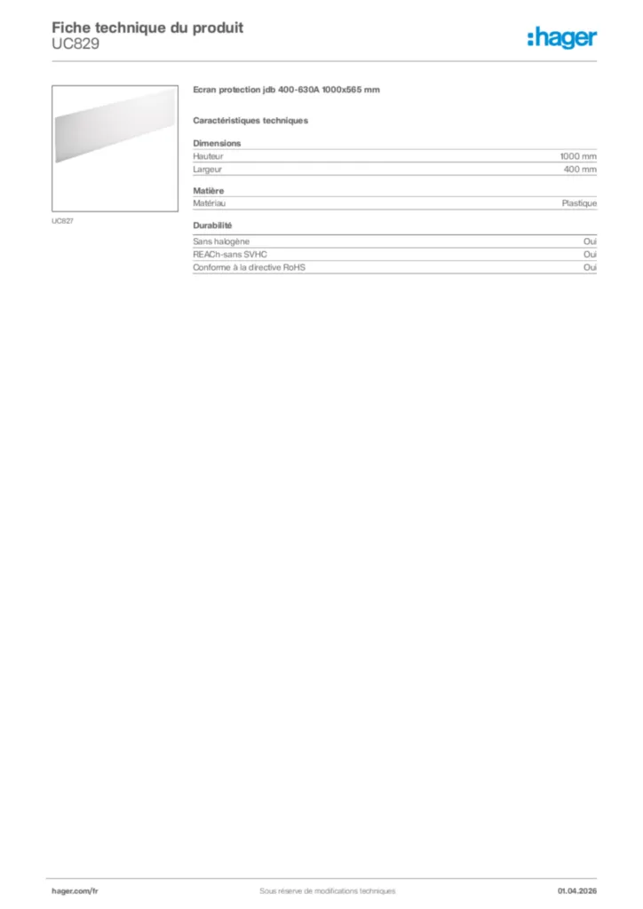 Image Hager Fiche technique du produit UC829 | Hager France