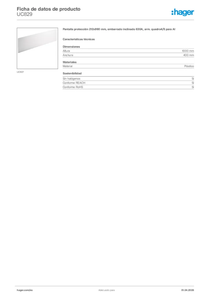 Imagen Hager Ficha de datos de producto UC829 | Hager España