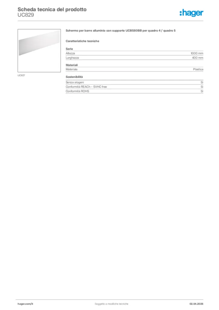 Immagine Hager Scheda tecnica del prodotto UC829 | Hager Italia