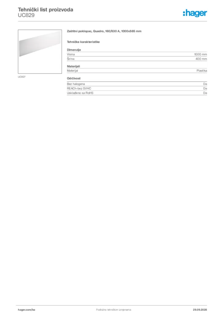 Slika Hager Tehnički list proizvoda UC829  | Hager