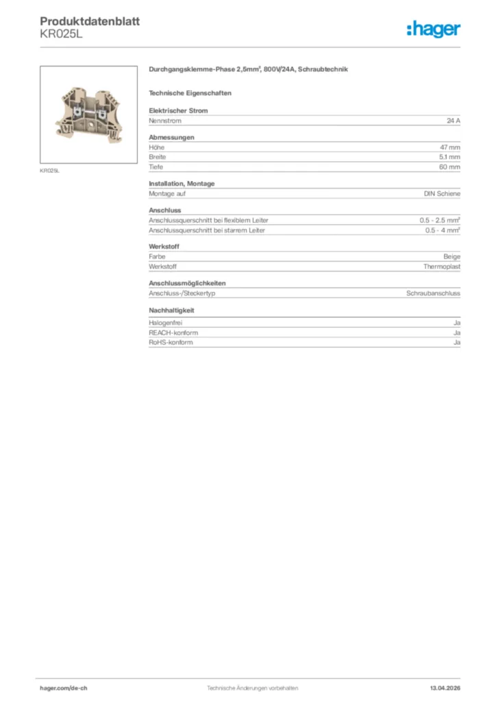 Bild Hager Produktdatenblatt KR025L | Hager Schweiz