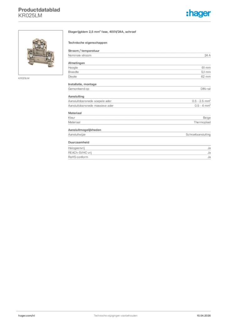 Afbeelding Hager Productdatablad KR025LM | Hager Nederland