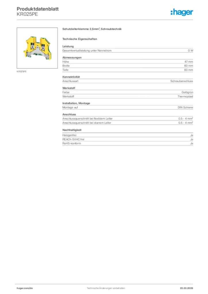 Bild Hager Produktdatenblatt KR025PE | Hager Deutschland