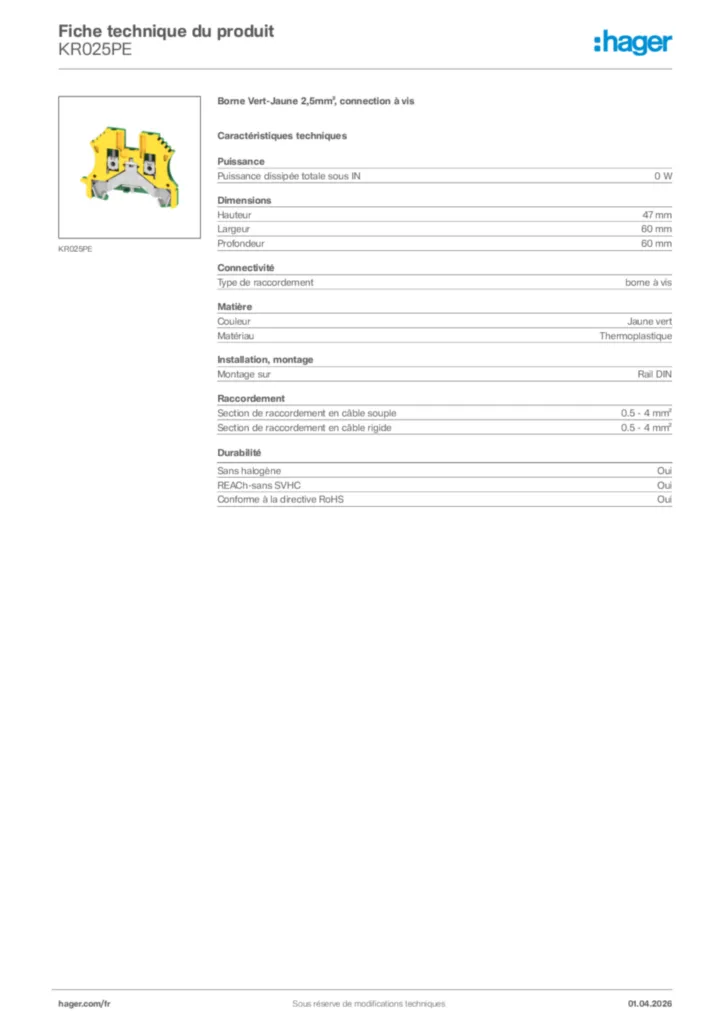 Image Hager Fiche technique du produit KR025PE | Hager France