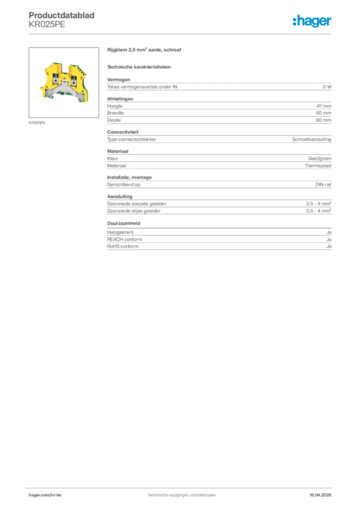 Afbeelding Hager Productdatablad KR025PE | Hager Belgium