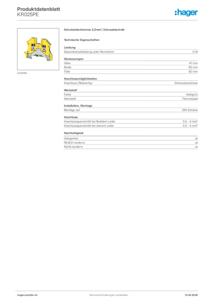 Bild Hager Produktdatenblatt KR025PE | Hager Schweiz