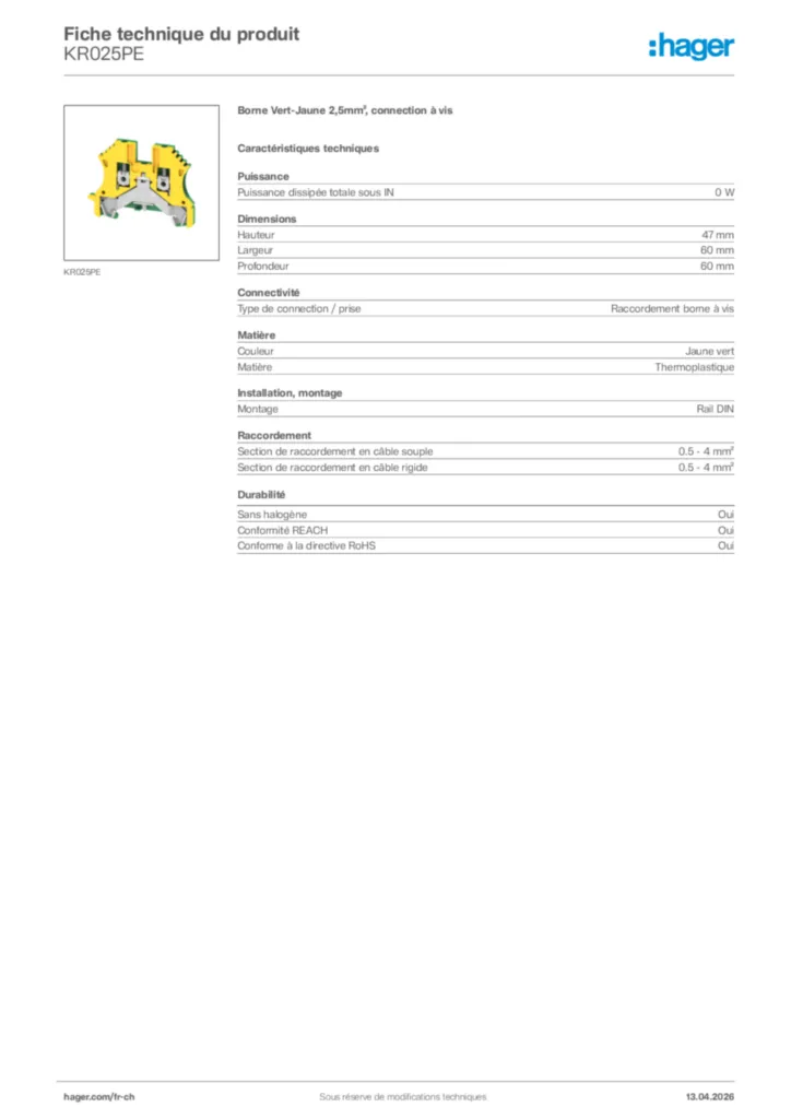 Image Hager Fiche technique du produit KR025PE | Hager Suisse