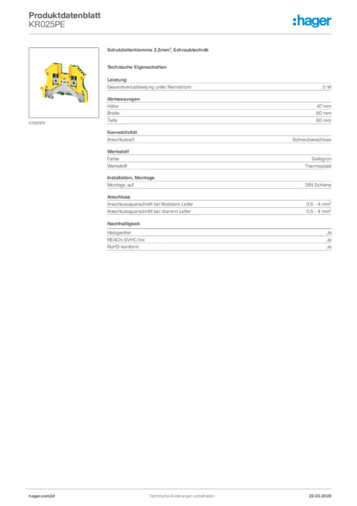 Bild Hager Produktdatenblatt KR025PE | Hager Deutschland