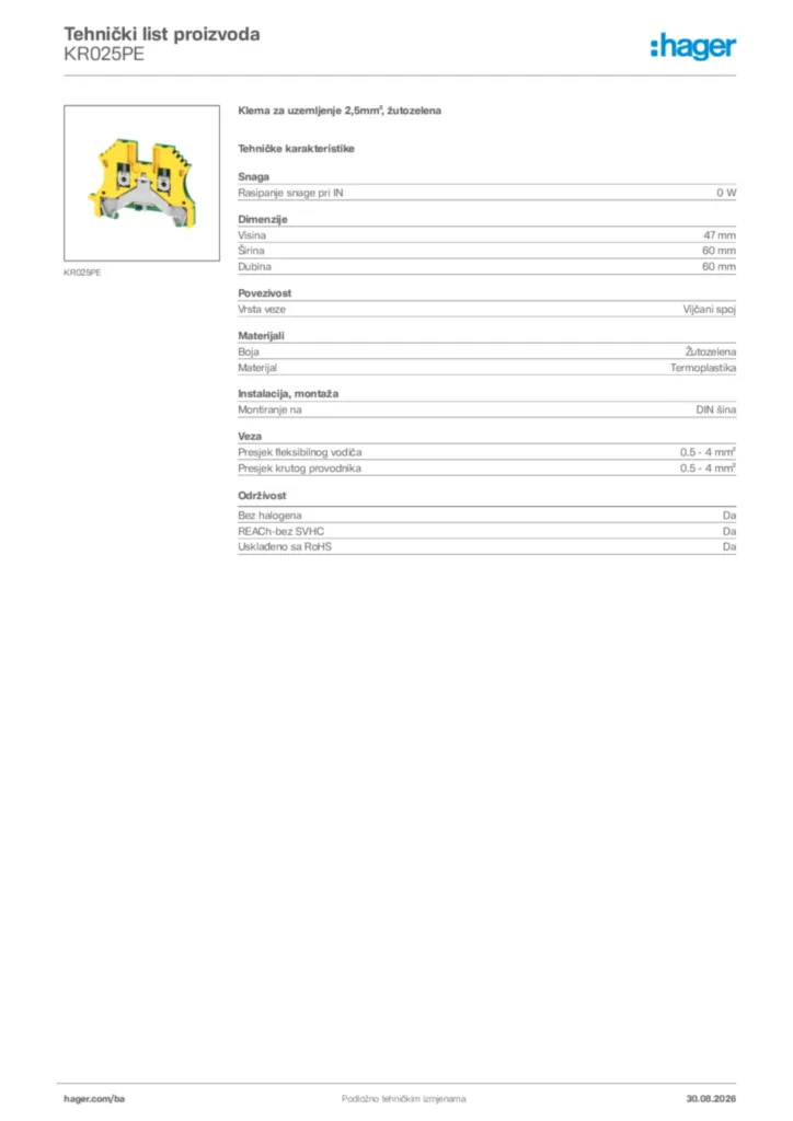 Slika Hager Tehnički list proizvoda KR025PE  | Hager