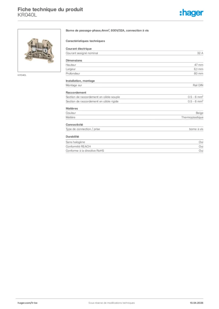 Image Hager Fiche technique du produit KR040L | Hager Belgique
