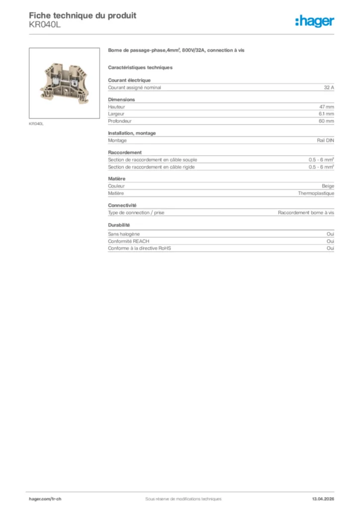 Image Hager Fiche technique du produit KR040L | Hager Suisse