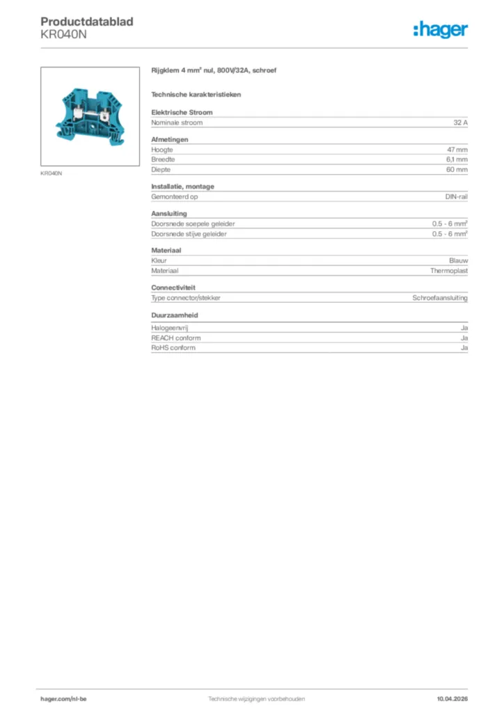 Afbeelding Hager Productdatablad KR040N | Hager Belgium