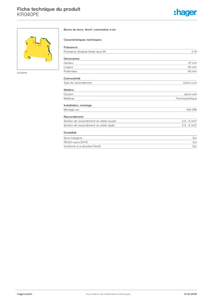Image Hager Fiche technique du produit KR040PE | Hager France