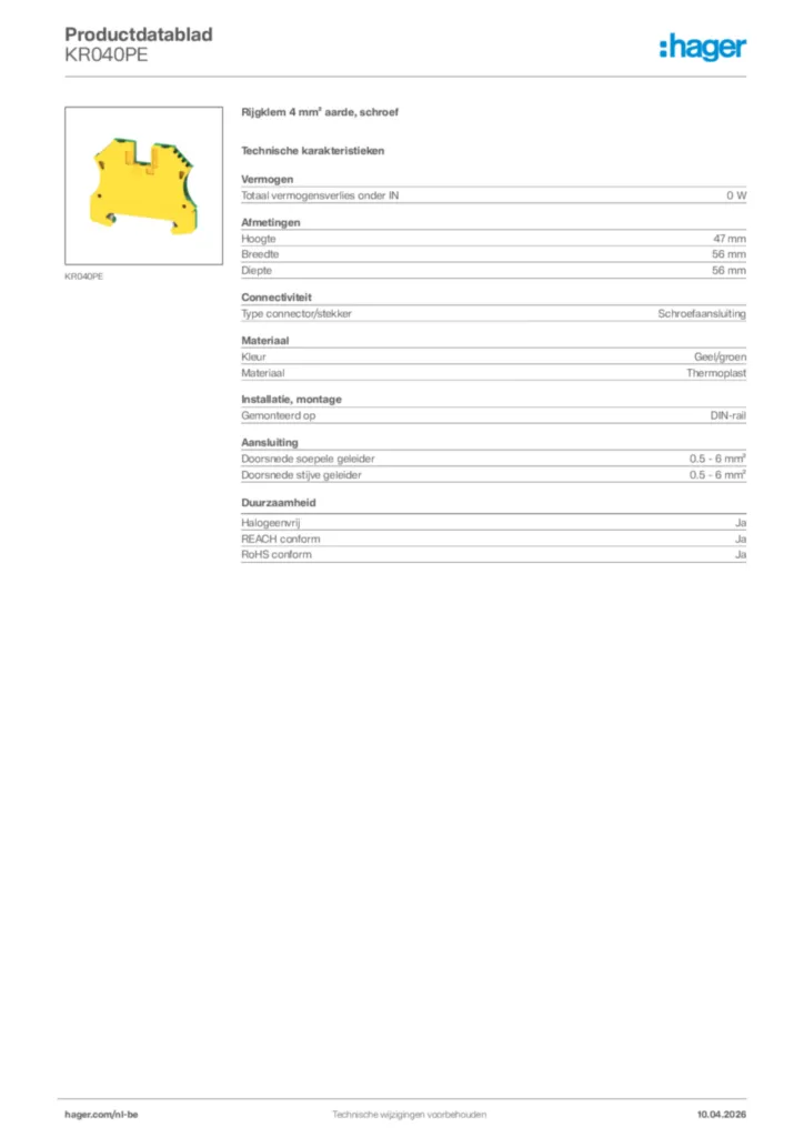 Afbeelding Hager Productdatablad KR040PE | Hager Belgium