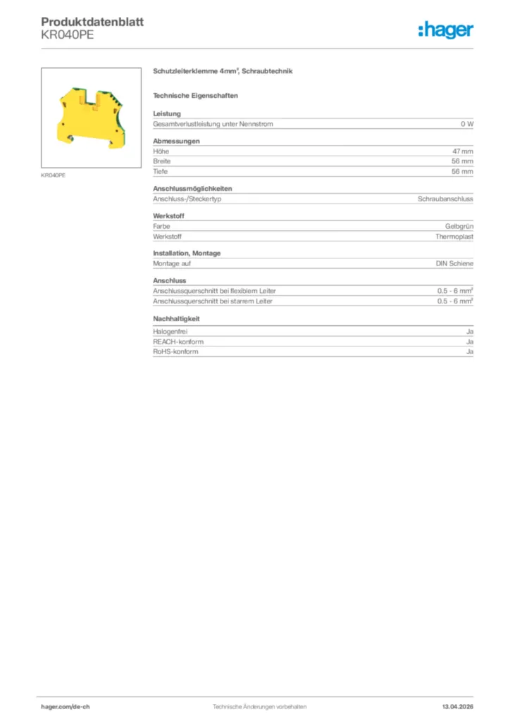 Bild Hager Produktdatenblatt KR040PE | Hager Schweiz