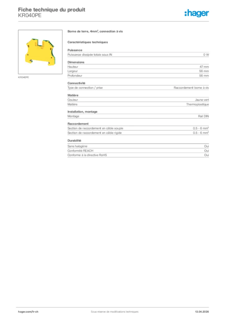 Image Hager Fiche technique du produit KR040PE | Hager Suisse