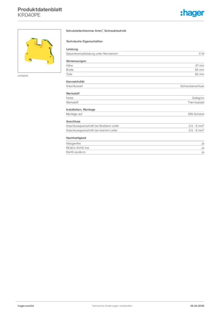 Bild Hager Produktdatenblatt KR040PE | Hager Deutschland