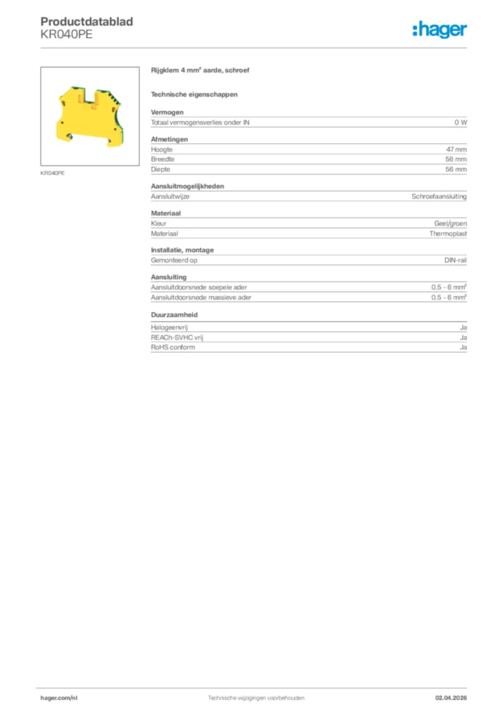 Afbeelding Hager Productdatablad KR040PE | Hager Nederland