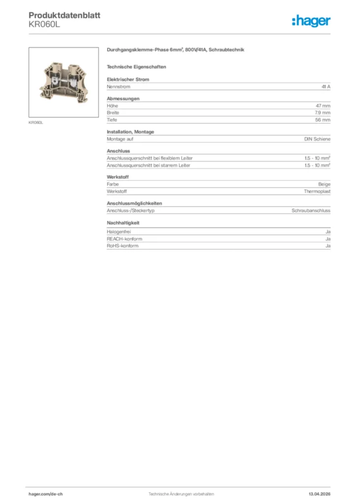 Bild Hager Produktdatenblatt KR060L | Hager Schweiz