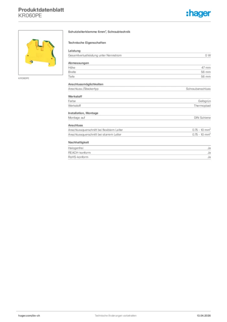 Bild Hager Produktdatenblatt KR060PE | Hager Schweiz