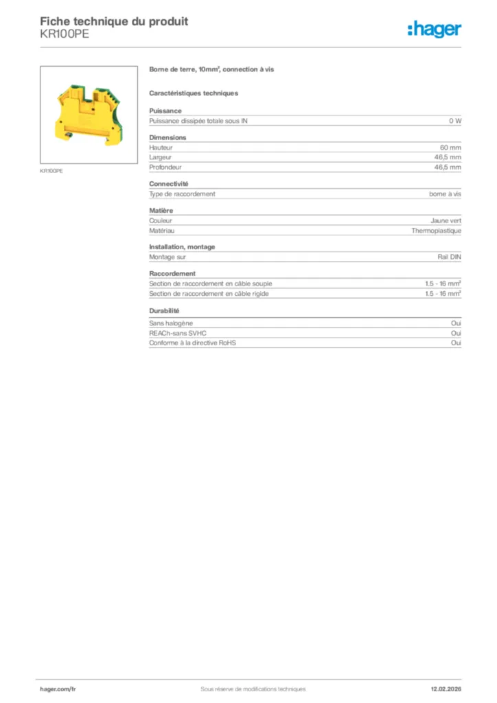 Image Hager Fiche technique du produit KR100PE | Hager France
