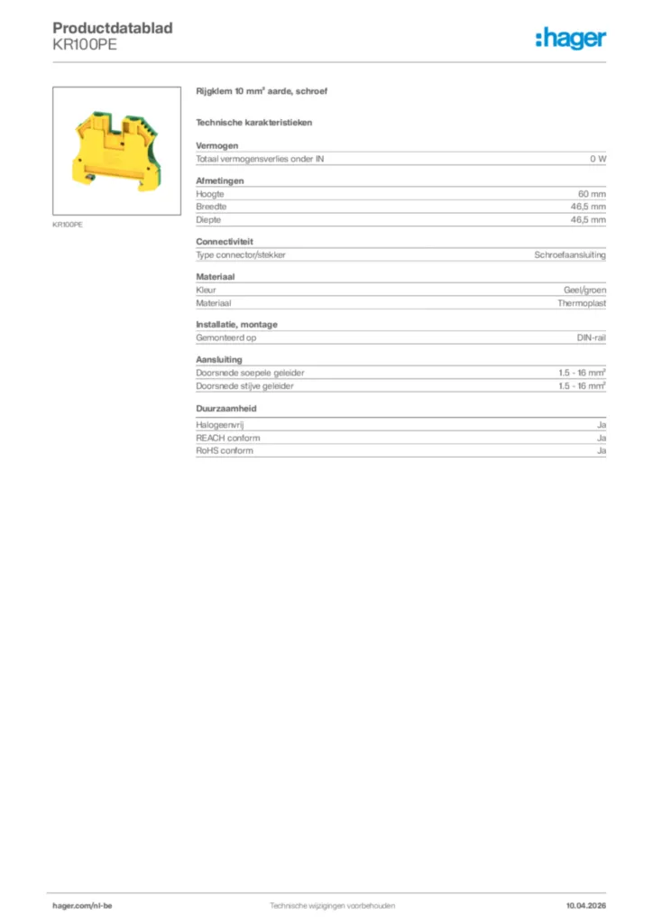 Afbeelding Hager Productdatablad KR100PE | Hager Belgium