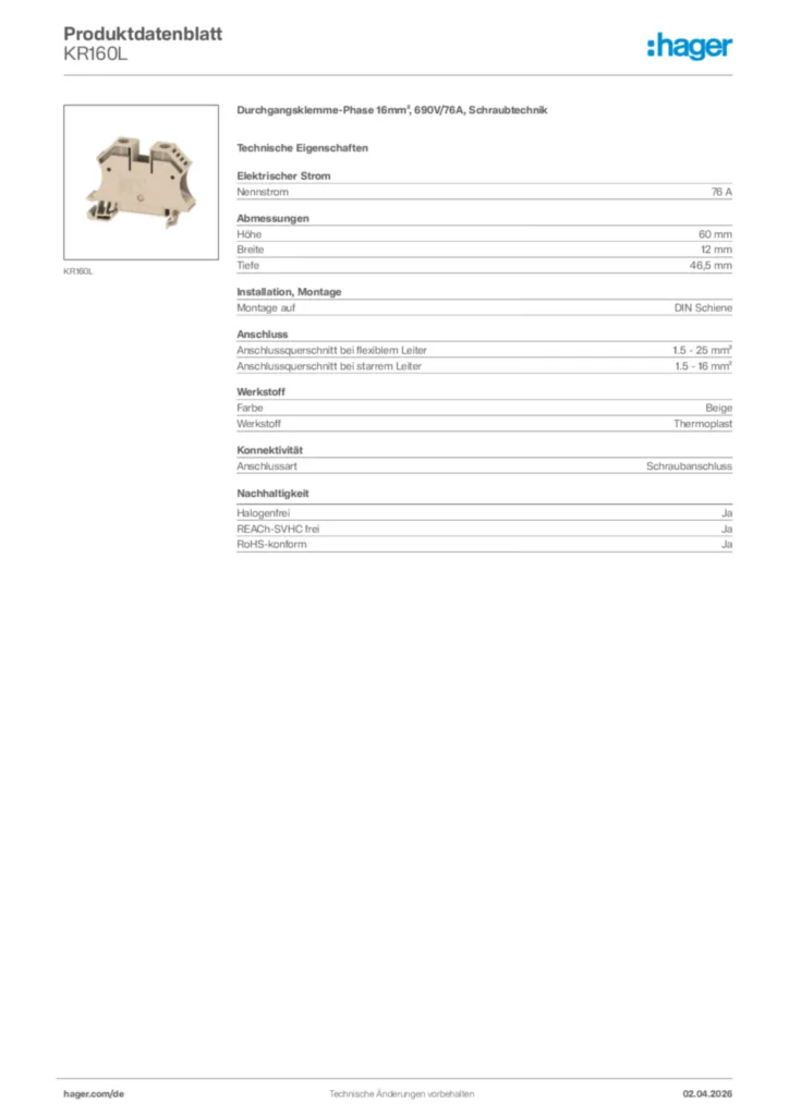 Bild Hager Produktdatenblatt KR160L | Hager Deutschland