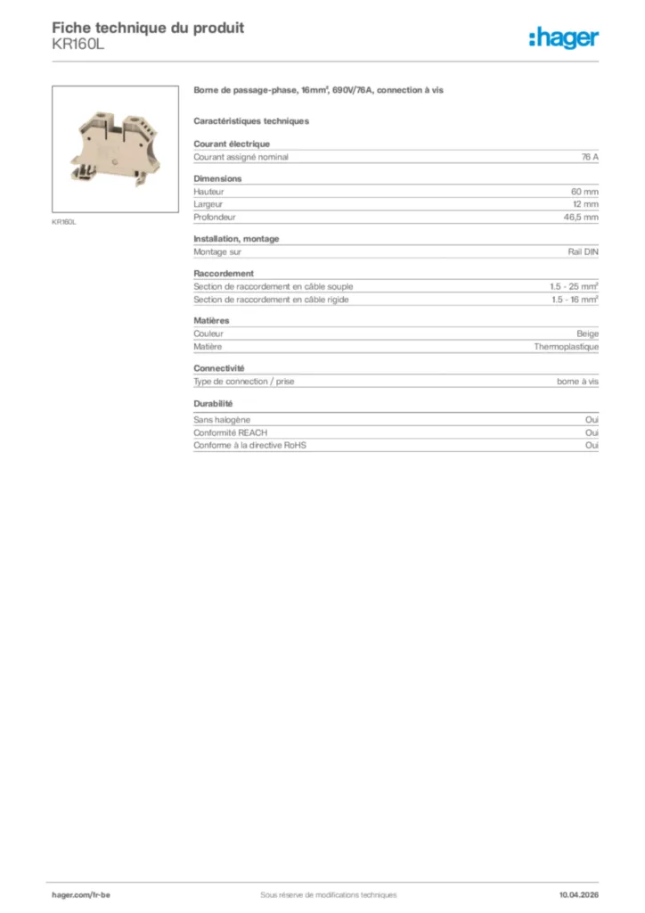 Image Hager Fiche technique du produit KR160L | Hager Belgique