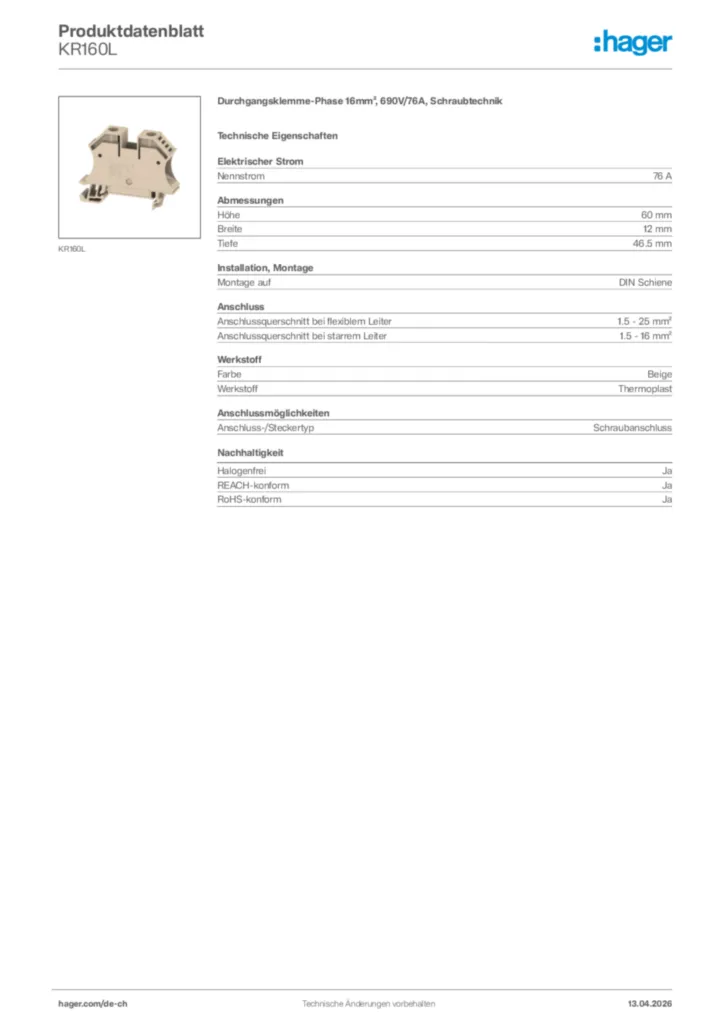 Bild Hager Produktdatenblatt KR160L | Hager Schweiz