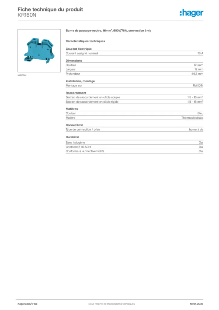 Image Hager Fiche technique du produit KR160N | Hager Belgique