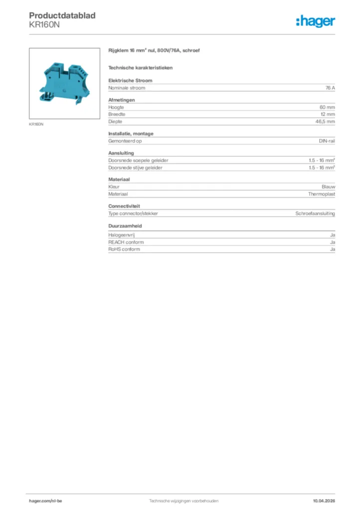 Afbeelding Hager Productdatablad KR160N | Hager Belgium