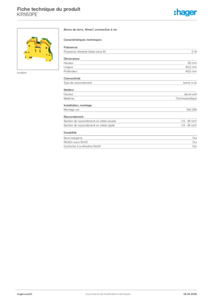 Image Hager Fiche technique du produit KR160PE | Hager France