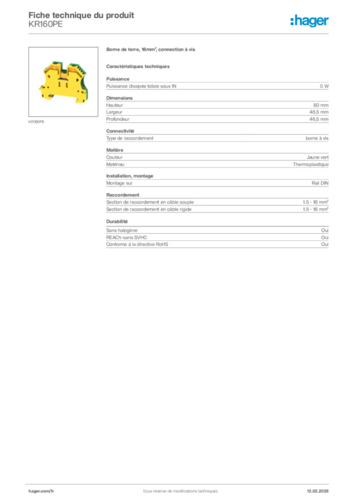 Image Hager Fiche technique du produit KR160PE | Hager France