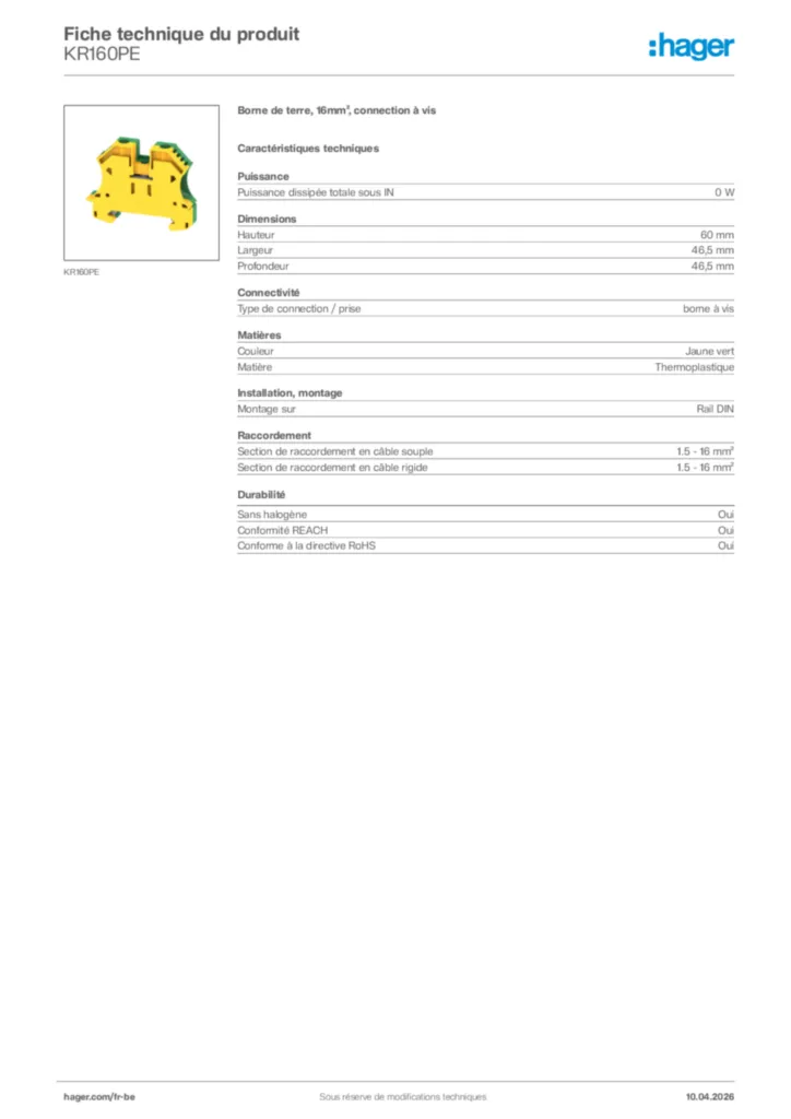 Image Hager Fiche technique du produit KR160PE | Hager Belgique