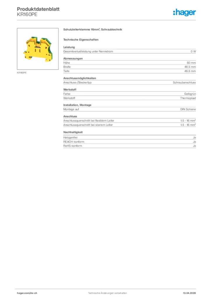 Bild Hager Produktdatenblatt KR160PE | Hager Schweiz