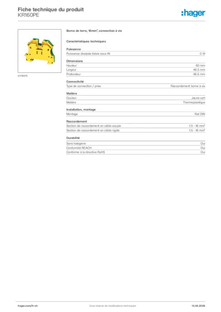 Image Hager Fiche technique du produit KR160PE | Hager Suisse