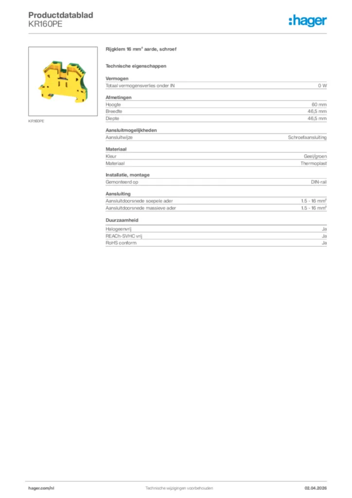 Afbeelding Hager Productdatablad KR160PE | Hager Nederland