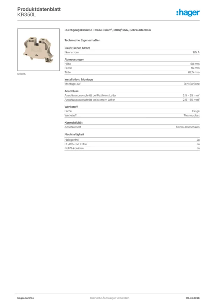 Bild Hager Produktdatenblatt KR350L | Hager Deutschland