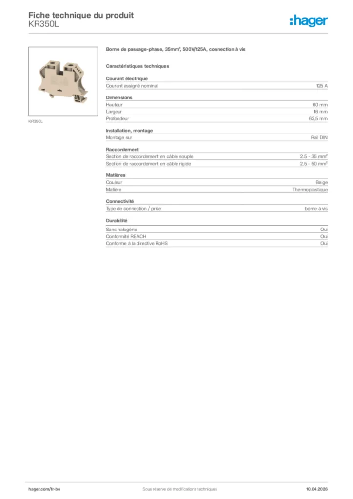 Image Hager Fiche technique du produit KR350L | Hager Belgique