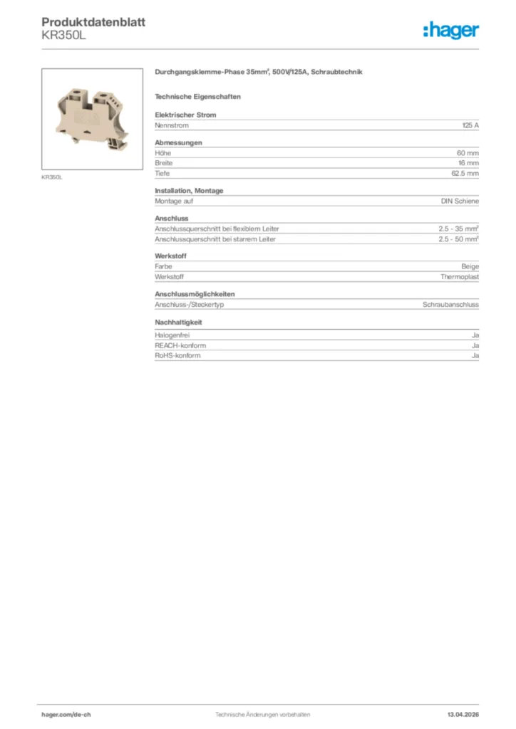 Bild Hager Produktdatenblatt KR350L | Hager Schweiz