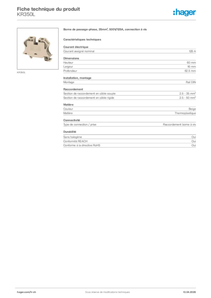 Image Hager Fiche technique du produit KR350L | Hager Suisse