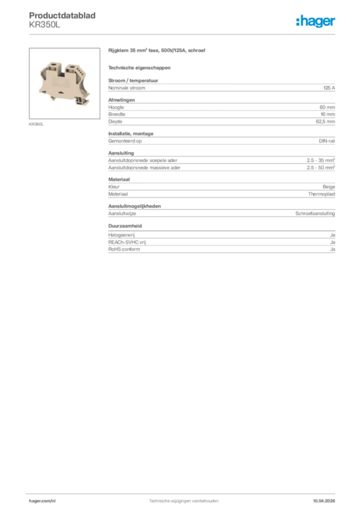 Afbeelding Hager Productdatablad KR350L | Hager Nederland