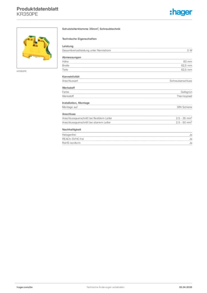 Bild Hager Produktdatenblatt KR350PE | Hager Deutschland