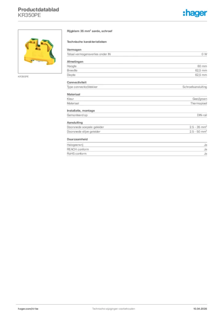 Afbeelding Hager Productdatablad KR350PE | Hager Belgium