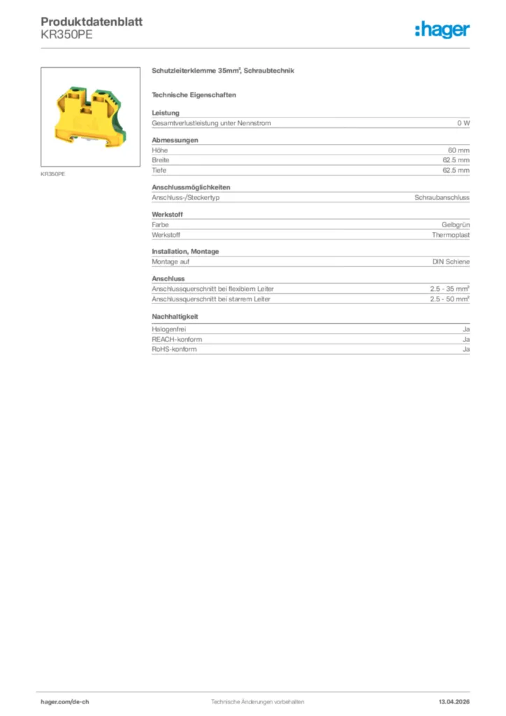 Bild Hager Produktdatenblatt KR350PE | Hager Schweiz