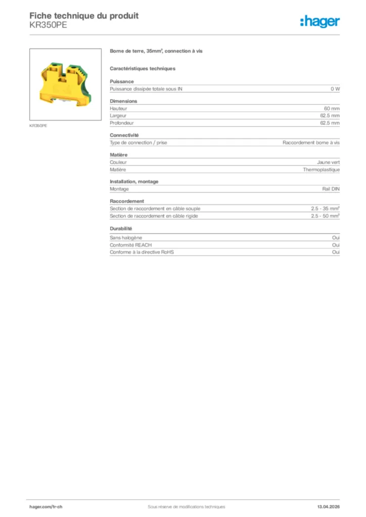 Image Hager Fiche technique du produit KR350PE | Hager Suisse