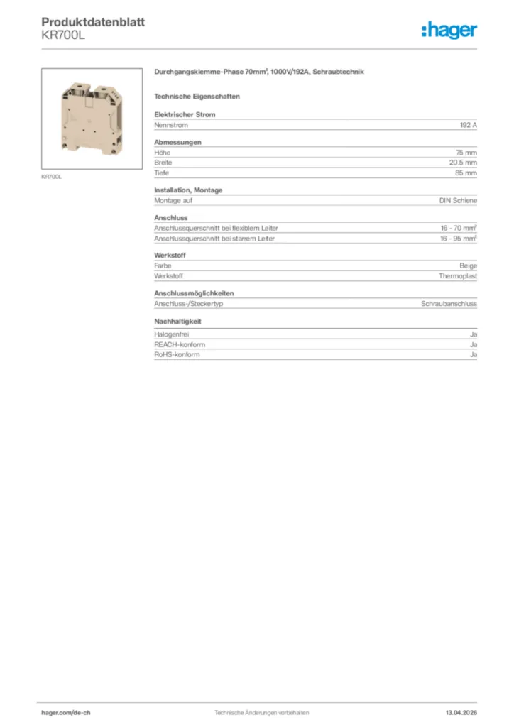 Bild Hager Produktdatenblatt KR700L | Hager Schweiz