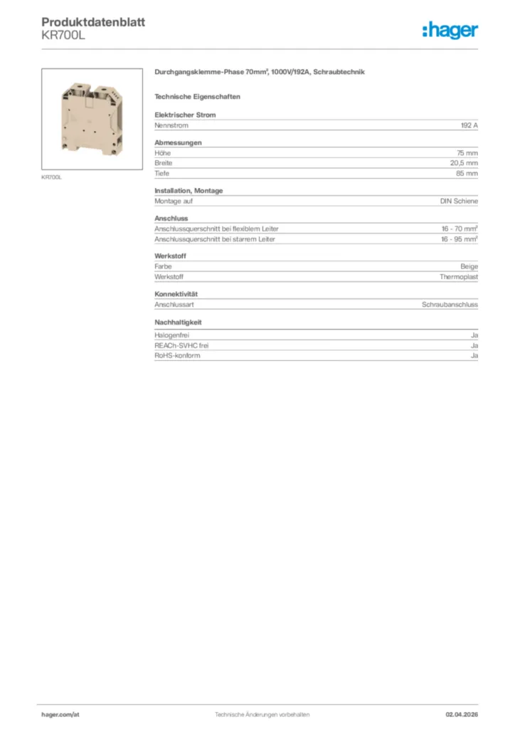 Bild Hager Produktdatenblatt KR700L | Hager Deutschland