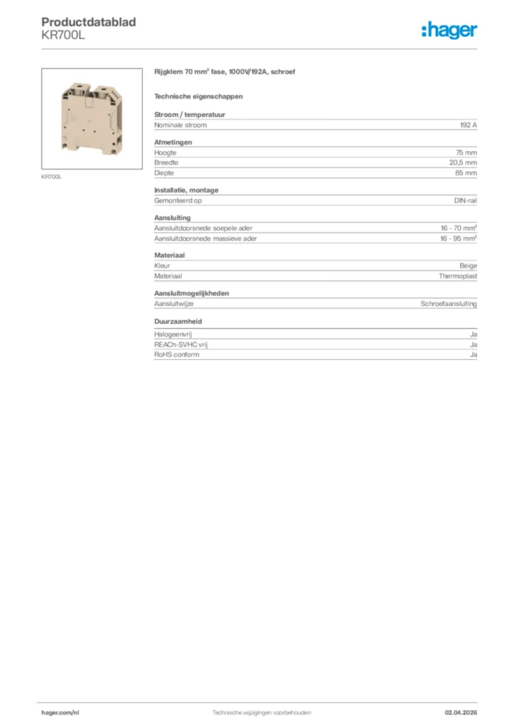 Afbeelding Hager Productdatablad KR700L | Hager Nederland