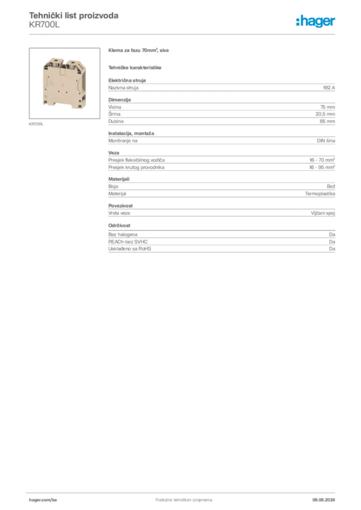 Slika Hager Tehnički list proizvoda KR700L  | Hager